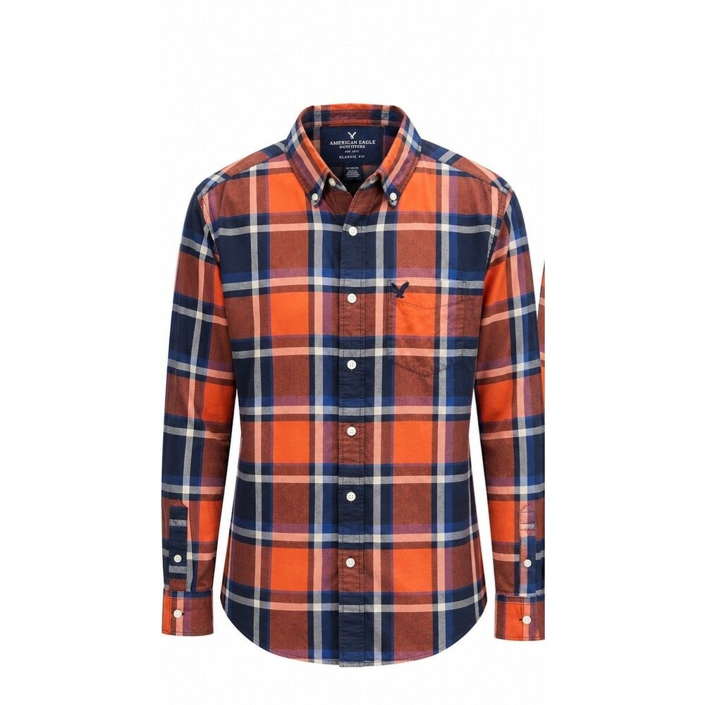 American Eagle Plaid Shirt Men Medium M Orange Navy Blue Classic Fit Cotton